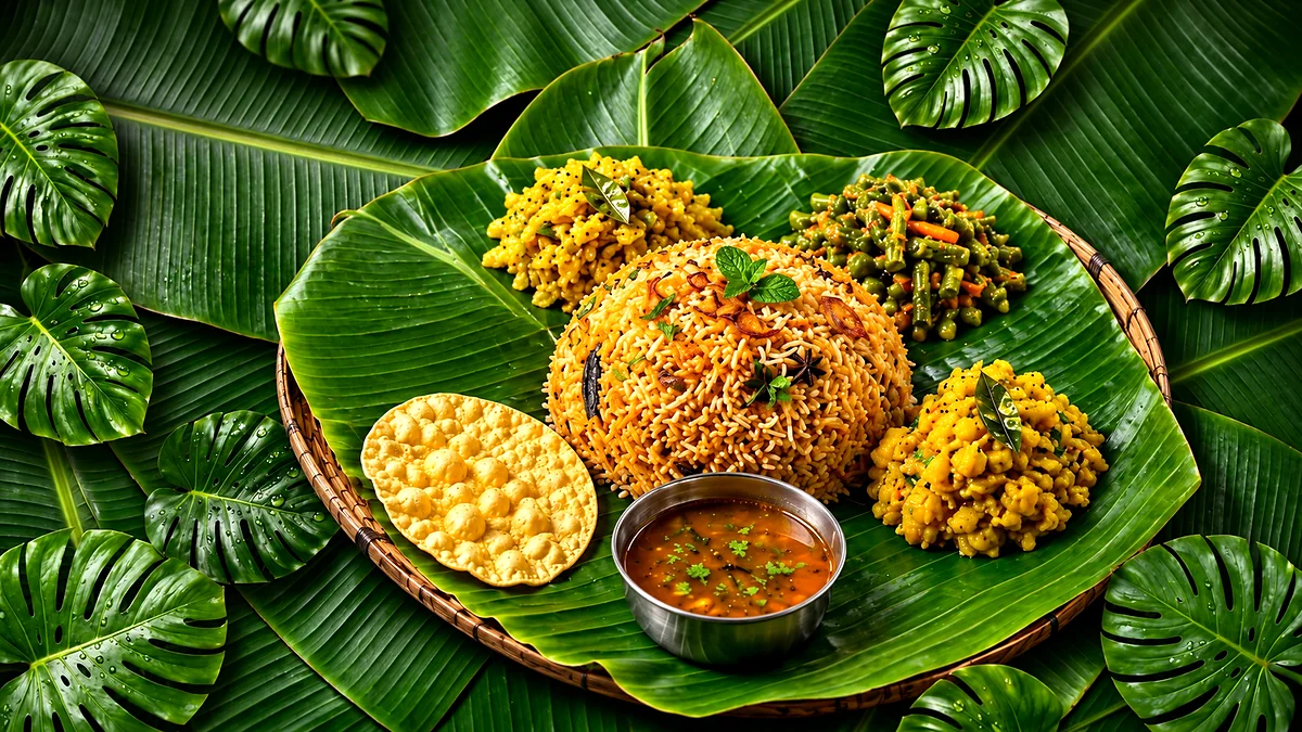 Rice, curries and sides served on a banana leaf