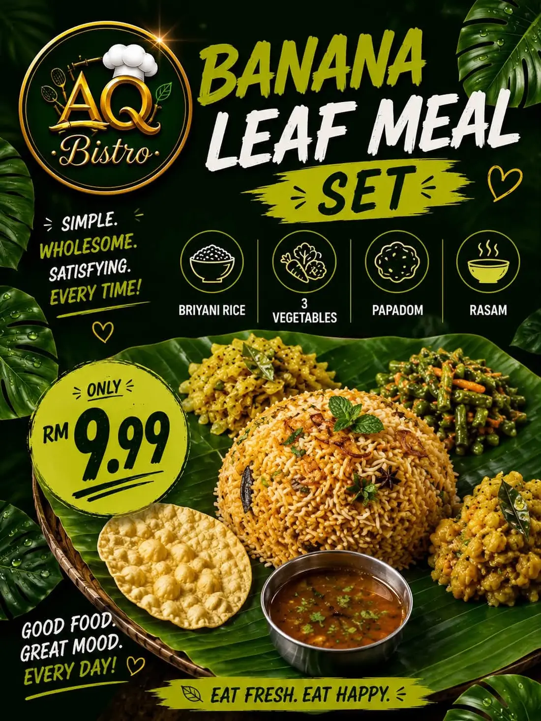 AQ Bistro banana leaf meal set, RM9.99, with briyani rice, three vegetables, papadom and rasam