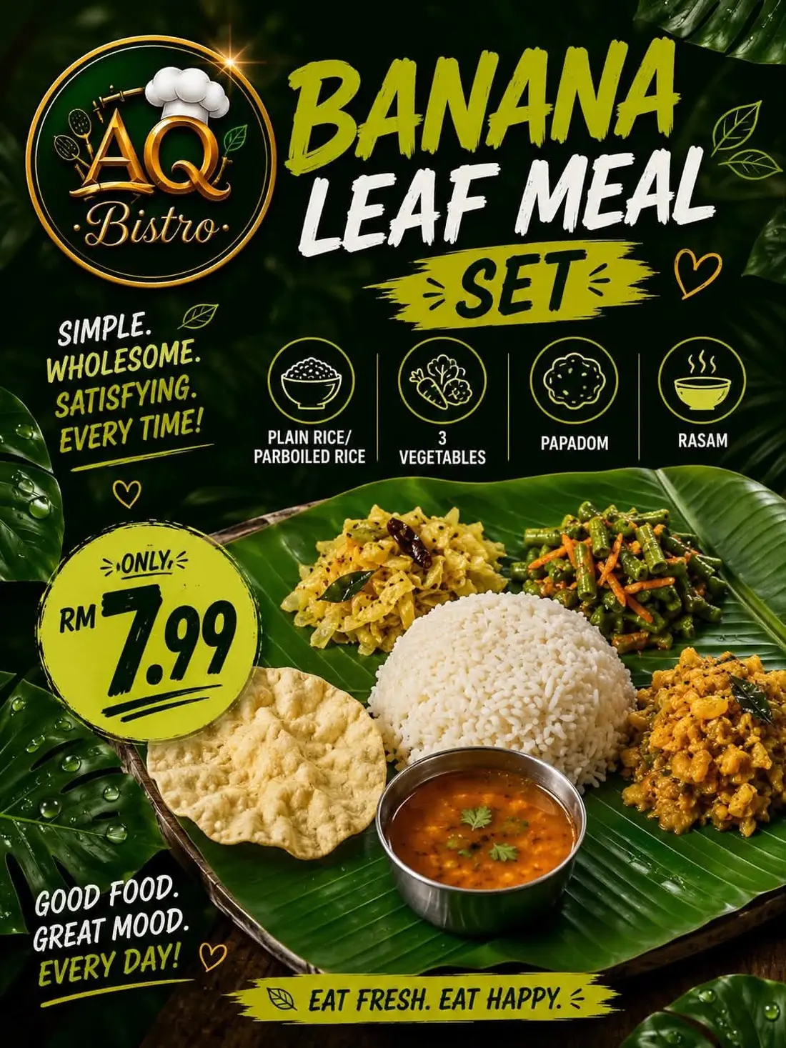 AQ Bistro banana leaf meal set poster, RM7.99, with plain or parboiled rice, three vegetables, papadom and rasam