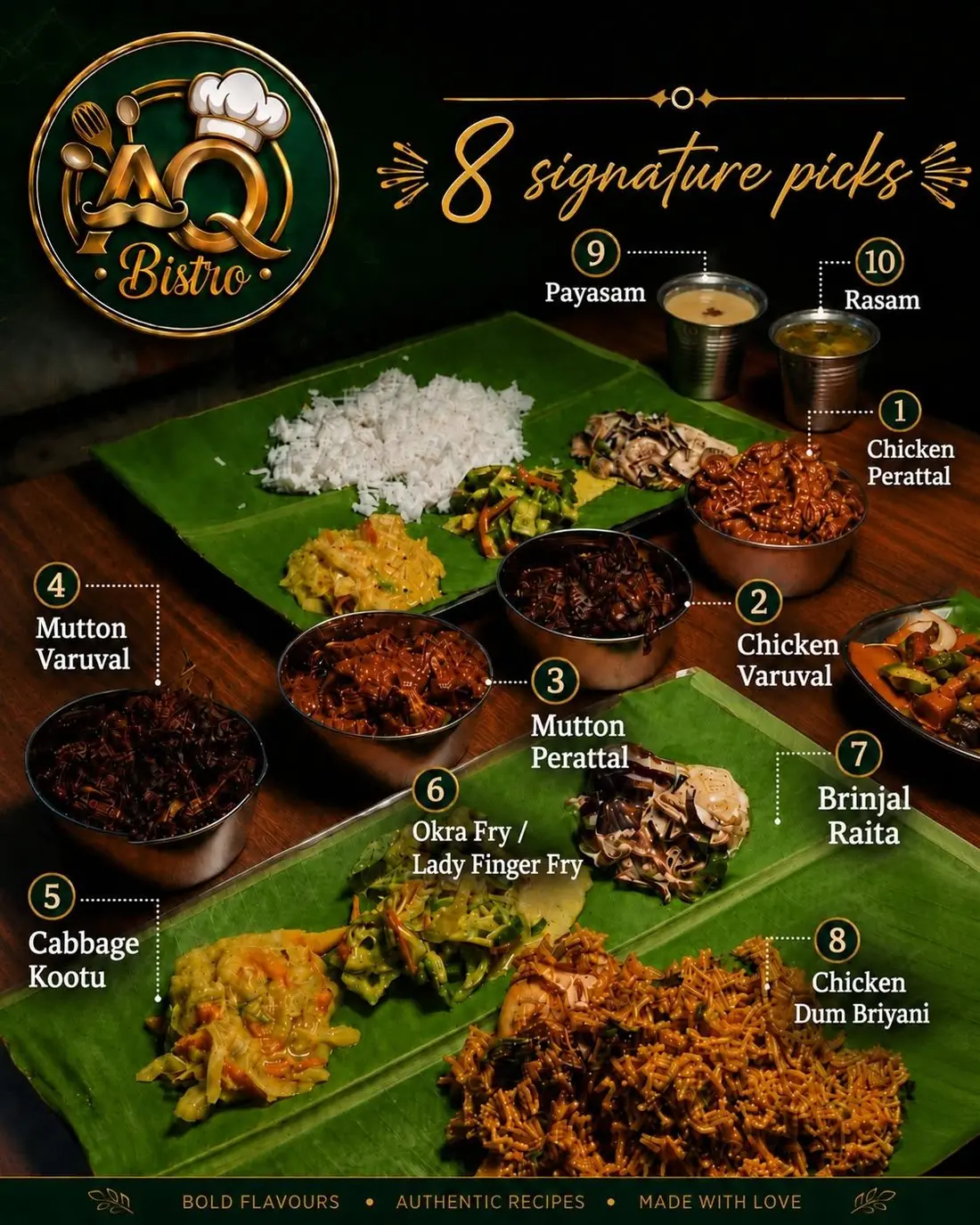 AQ Bistro poster of signature dishes on banana leaf, each numbered with its name, including chicken perattal, mutton varuval, cabbage kootu and chicken dum briyani