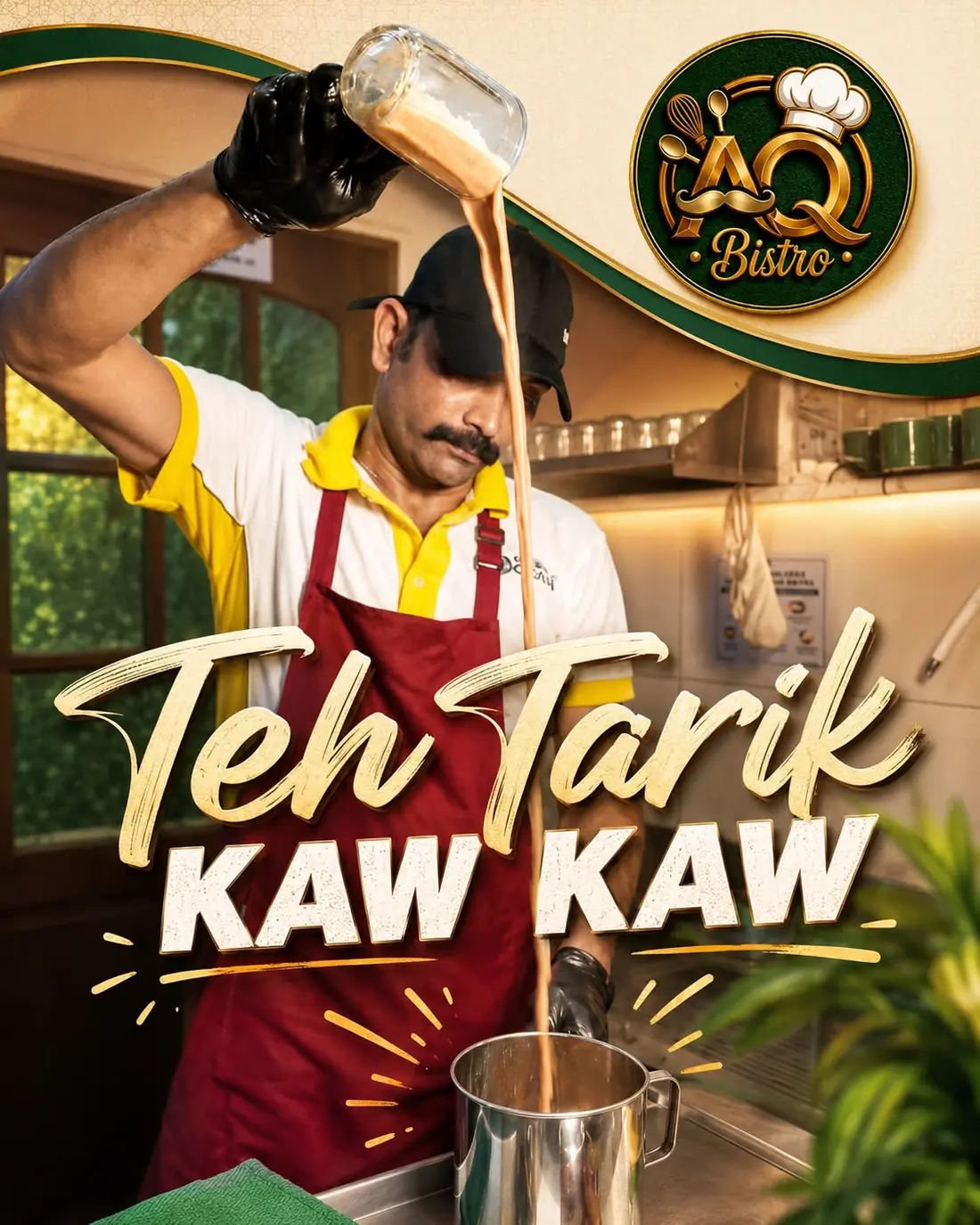 AQ Bistro Teh Tarik Kaw Kaw poster, showing freshly pulled tea